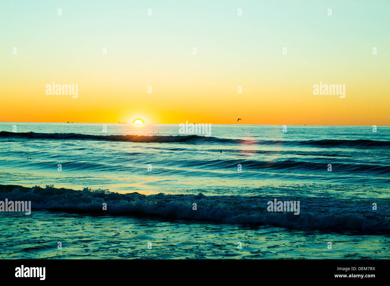 Sunset Beach With Sea And Ship Round Backdrop