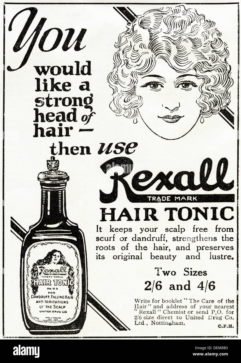 Original 1920s advertisement advertising REXALL HAIR TONIC, consumer magazine advert circa 1924 Stock Photo
