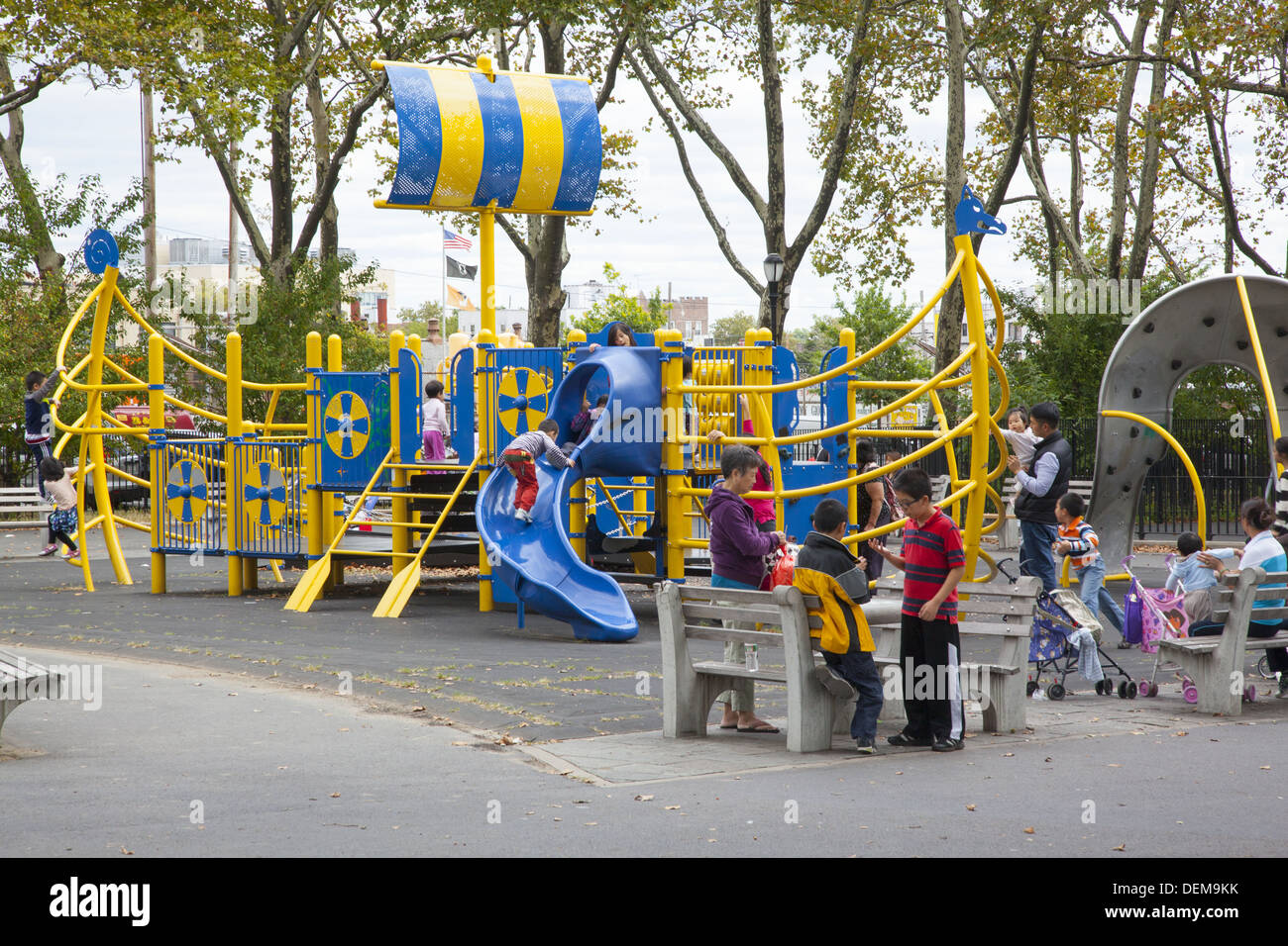 Play equipment in the form of a Viking ship at Leif Ericson Park in Brooklyn, NY in honor of the explorer. Stock Photo