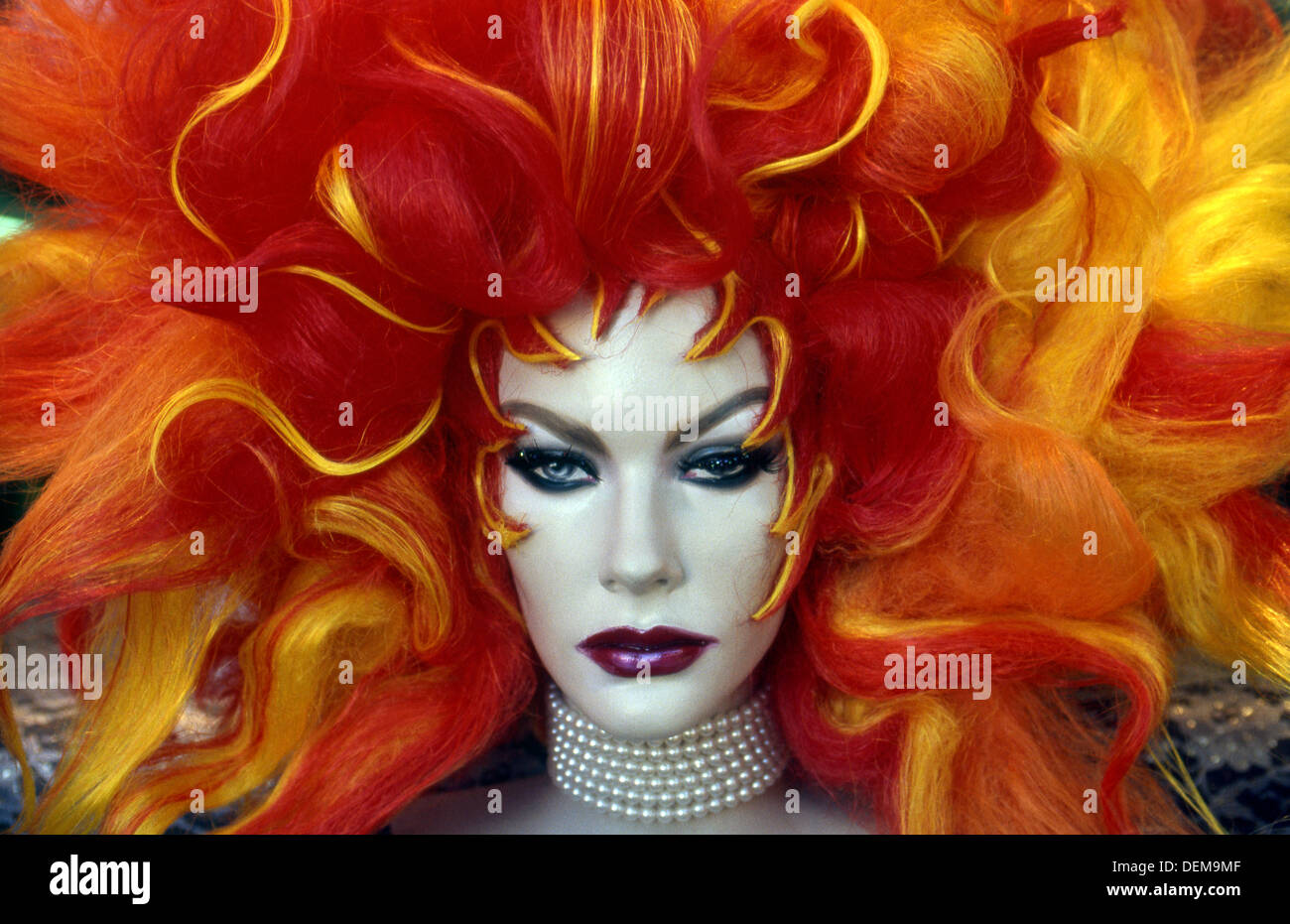 Colorful wig on mannequin in wig shop window on Hollywood Blvd Stock