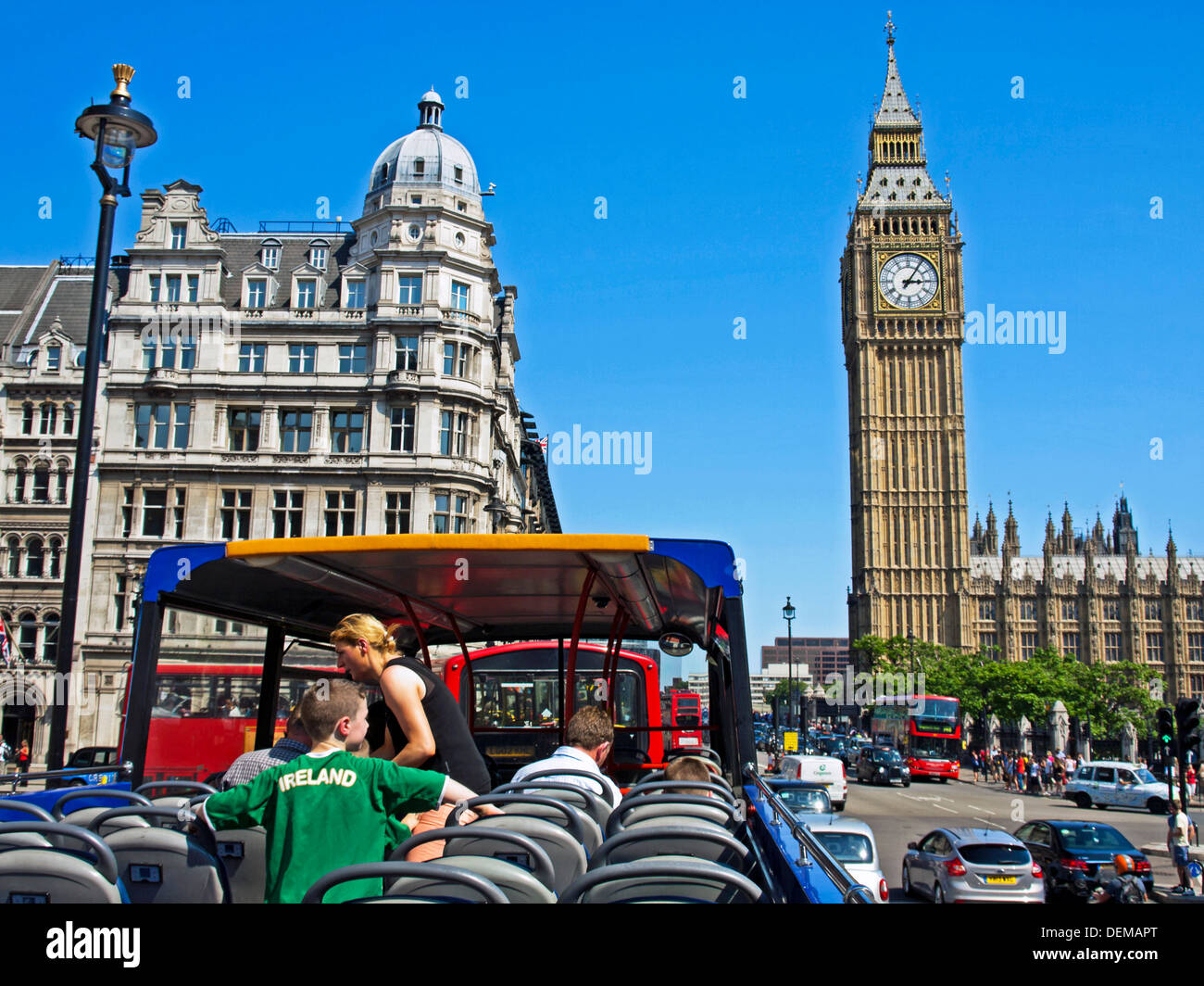 View of Big Ben from open top sightseeing bus, London, England, United Kingdom Stock Photo