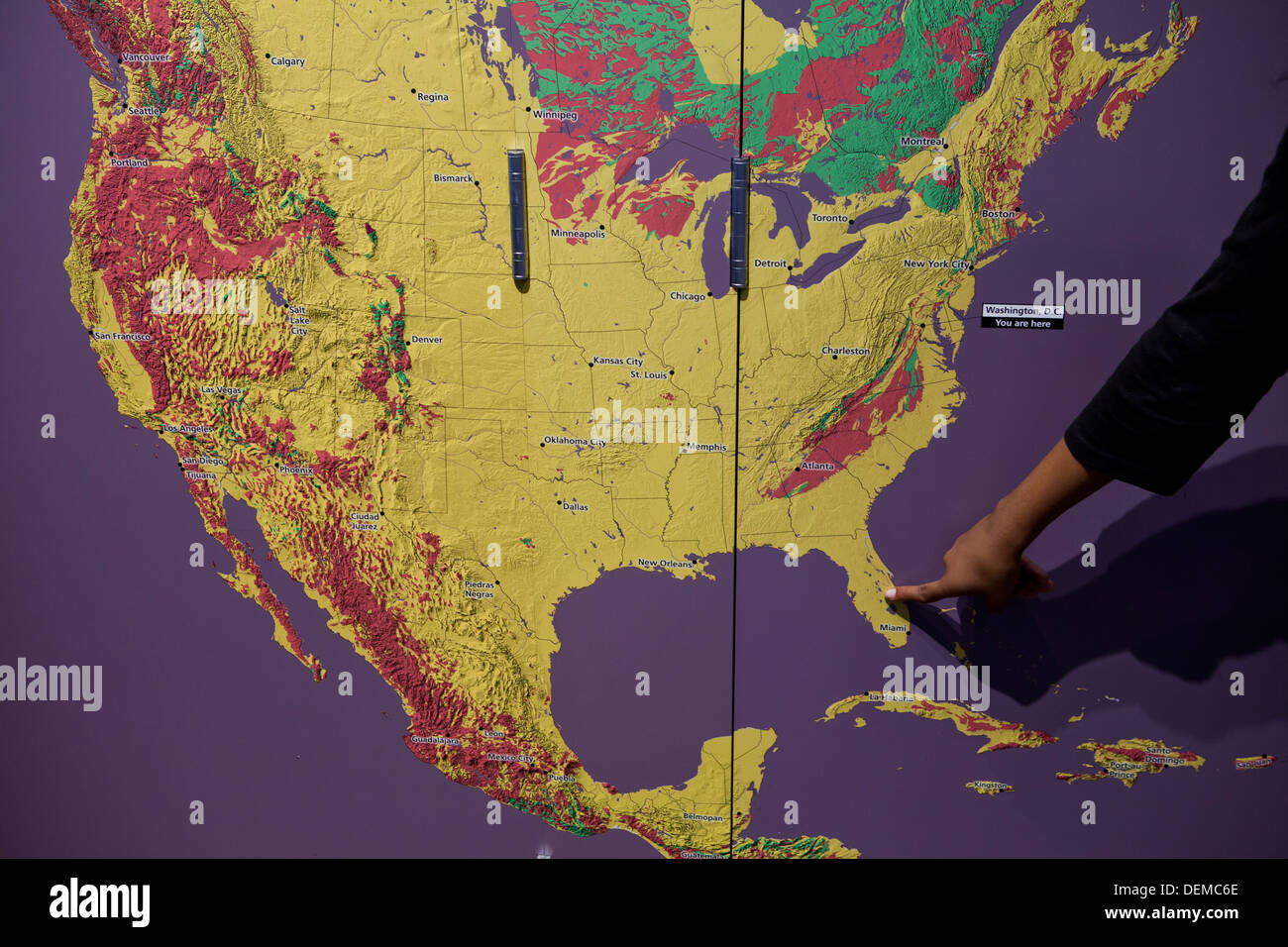 Hand pointing to Florida, USA map Stock Photo