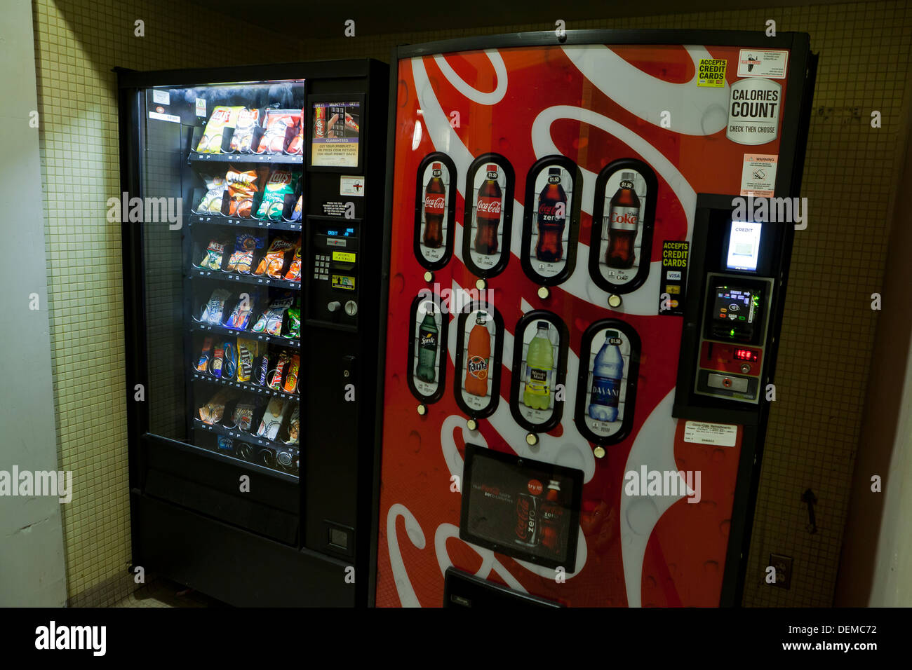 Coca Cola soda and popular snacks vending machines - USA Stock Photo