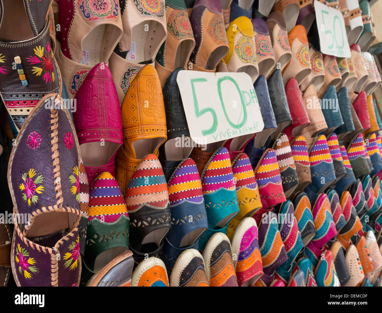 Colorful Babouche leather slippers for sale in Morocco Stock Photo