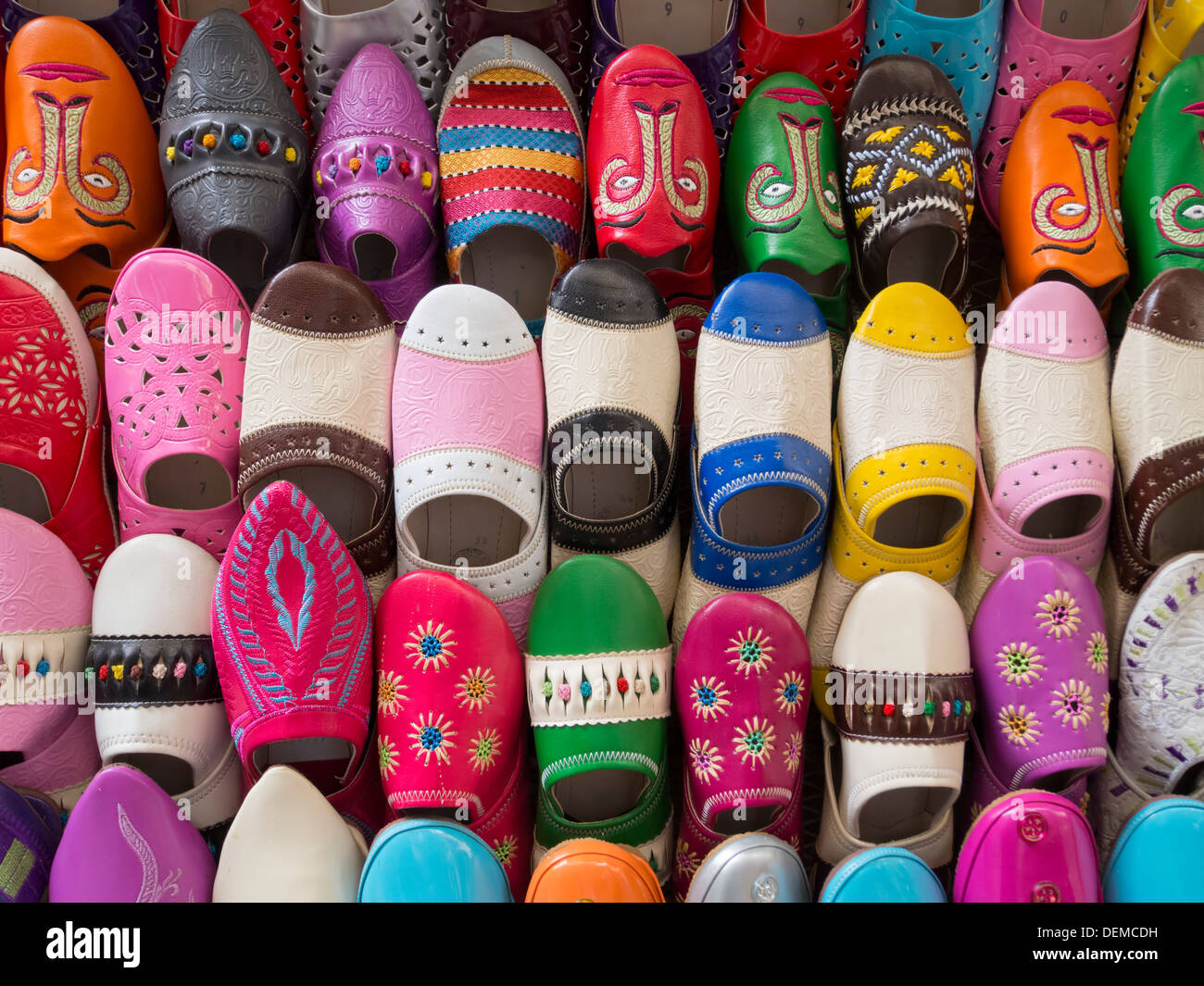 Colorful Babouches leather slippers for sale in Morocco Stock Photo