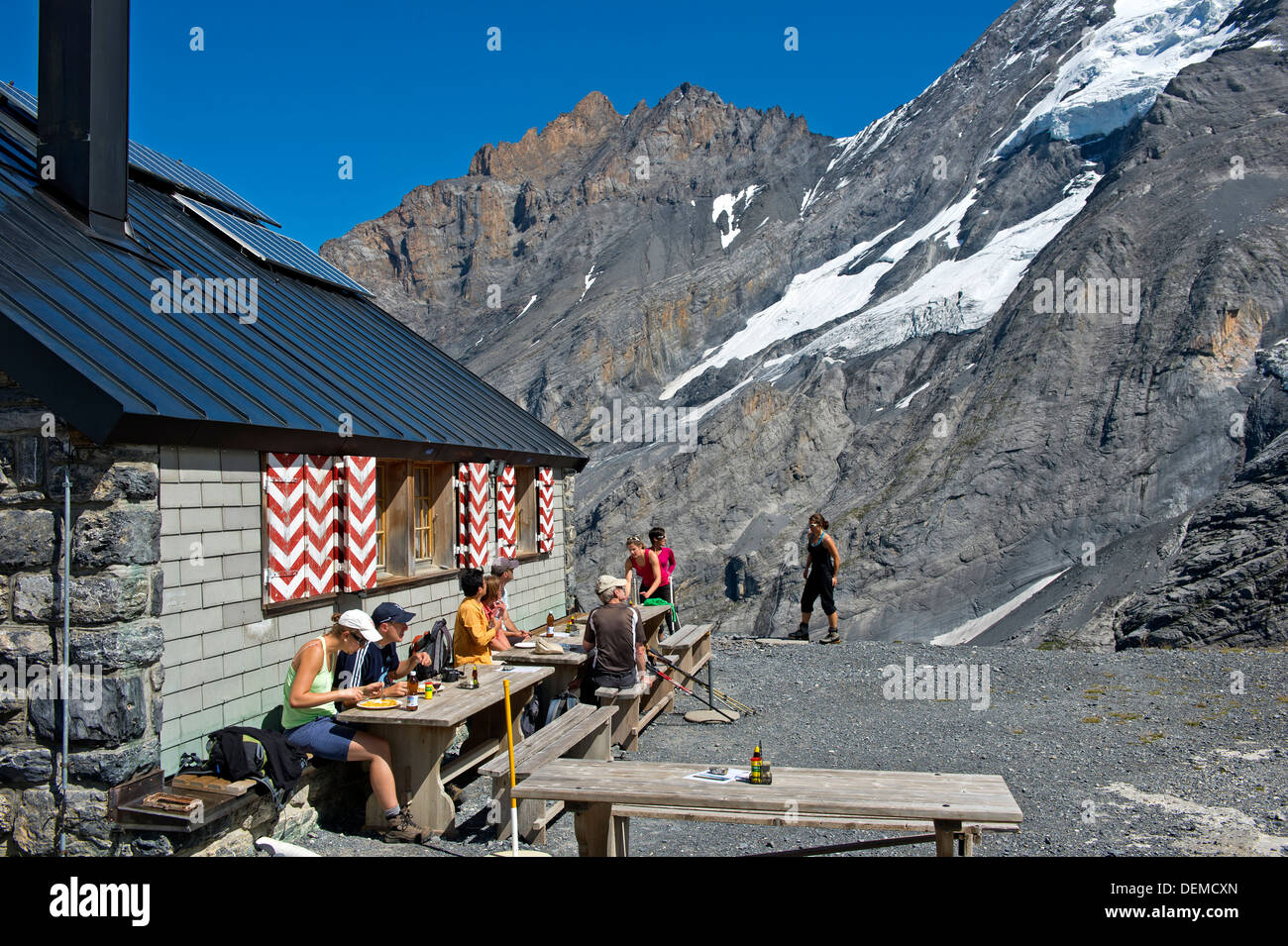 Mountain refuge Fruendenhuette of the Swiss Alpine Club (SAC) near Kandersteg, Bernese Oberland, Switzerland Stock Photo