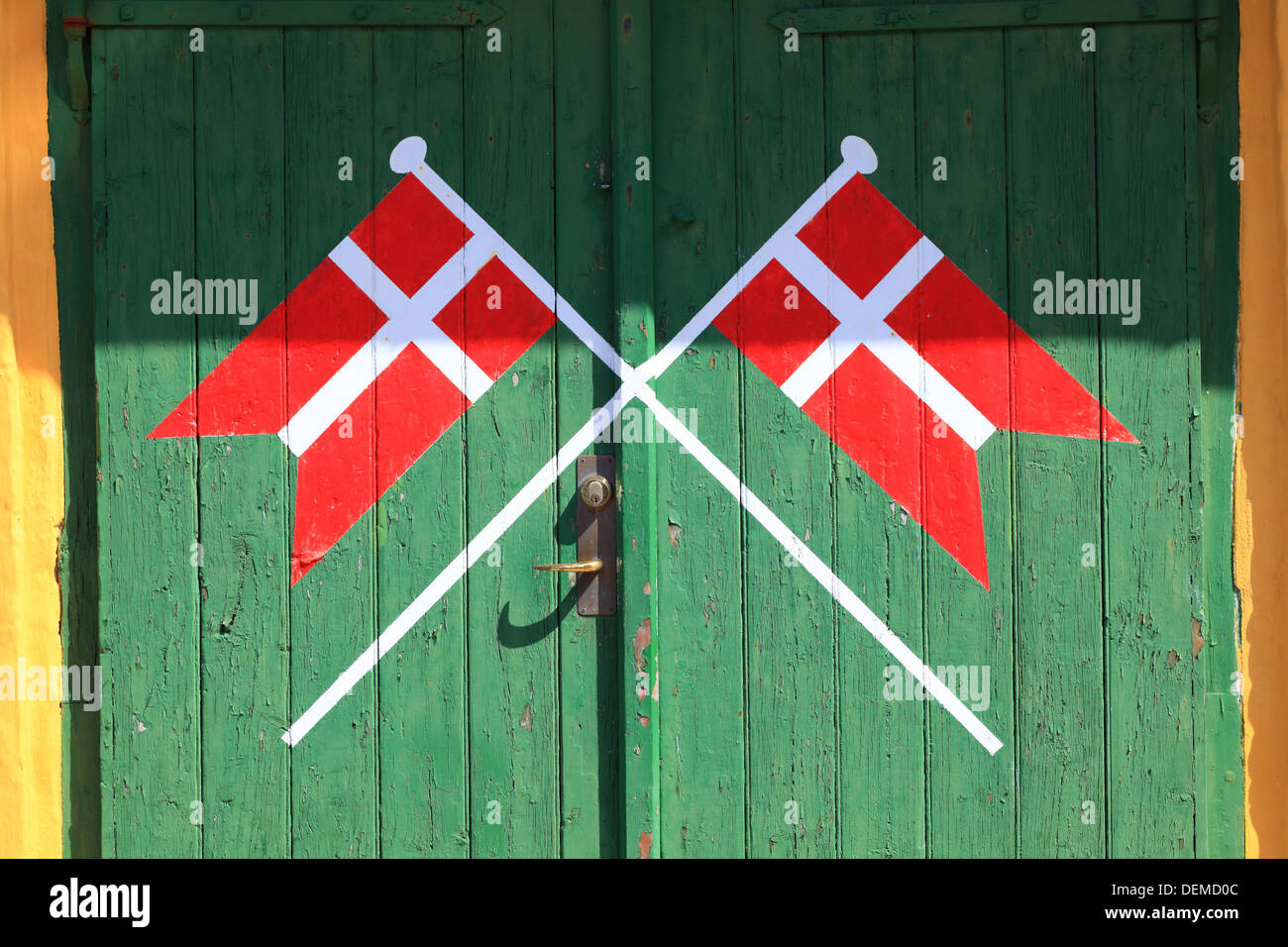 Denmark Danish Flag Painted On Old Wood Green Door Background