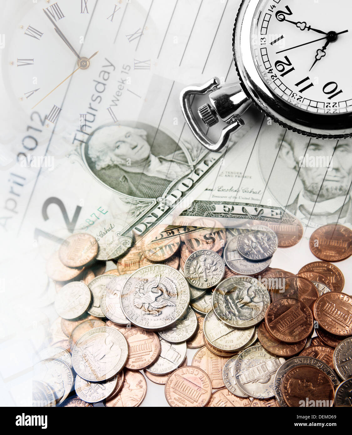 Clocks, banknotes and coins. Time is money concept Stock Photo