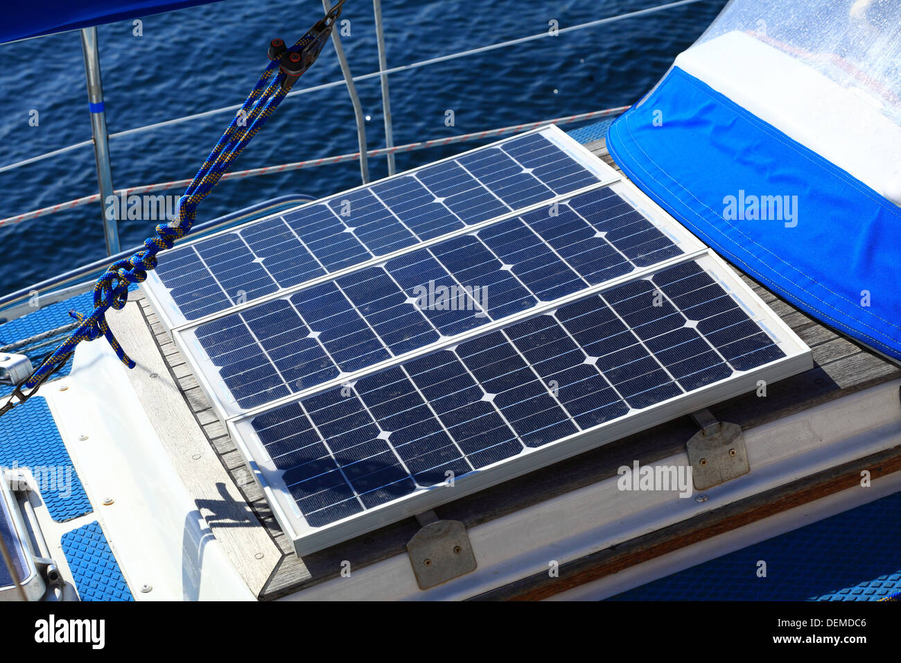 Solar charging batteries aboard a sail boat. Photovoltaic panels