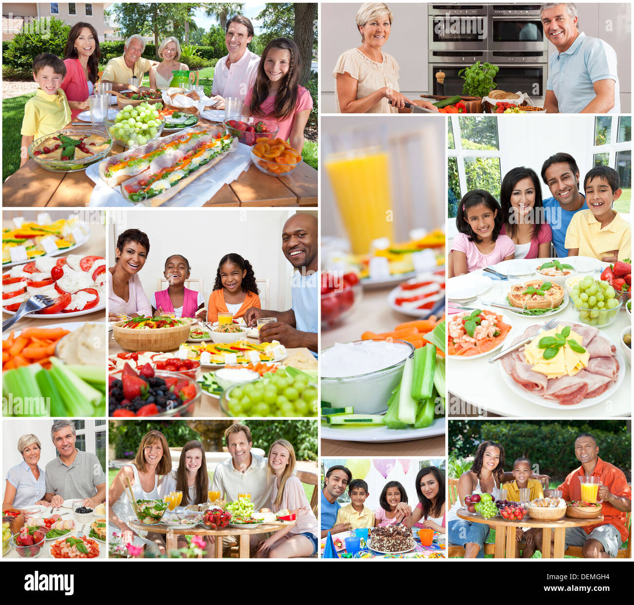 Montage of happy African American, Asian and Caucasian families children living a healthy lifestyle and eating nutritional food Stock Photo