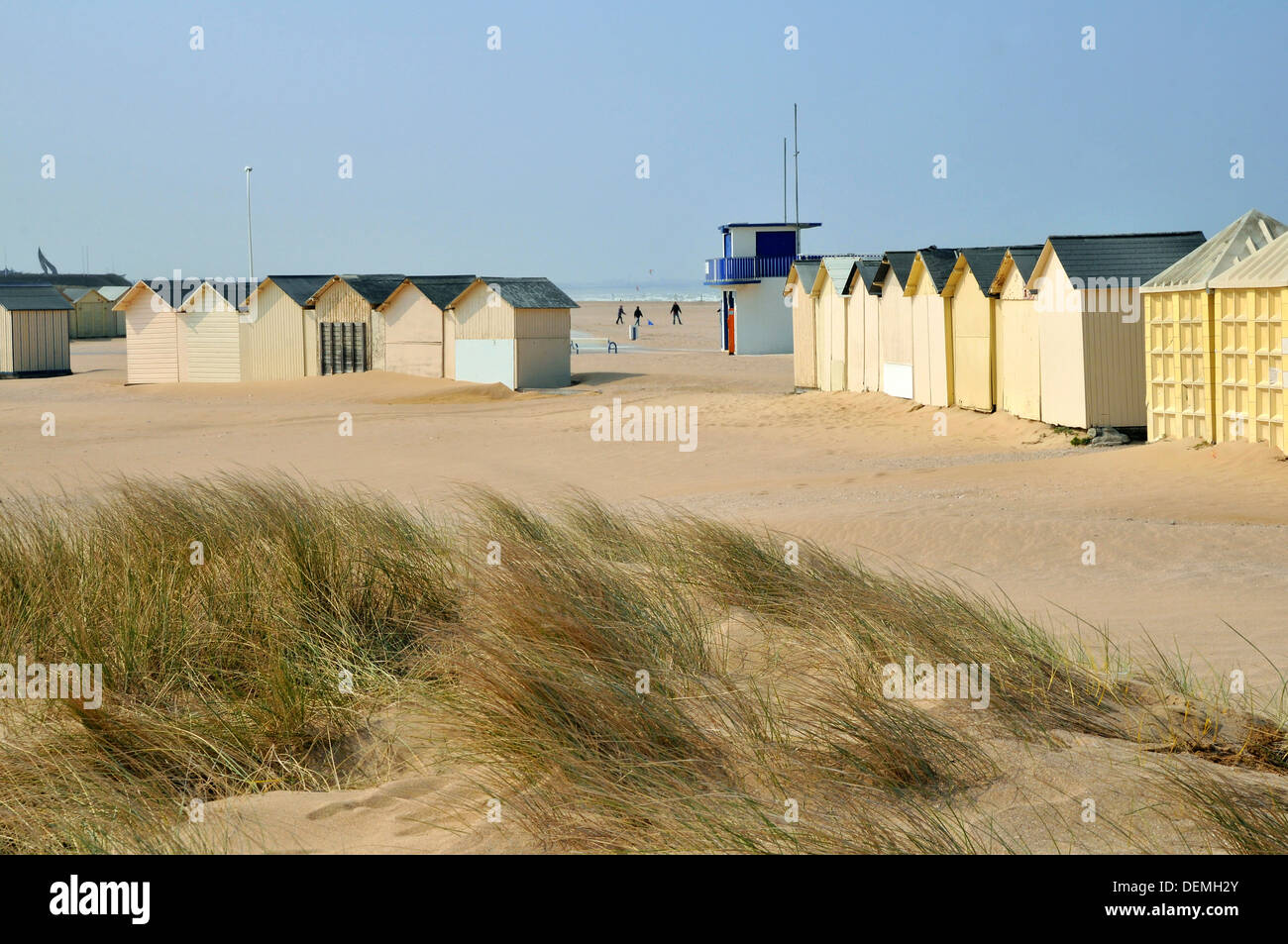 Beach cabins and dunes at Ouistreham in the Calvados department in the Basse-Normandie region in northwestern France. Stock Photo
