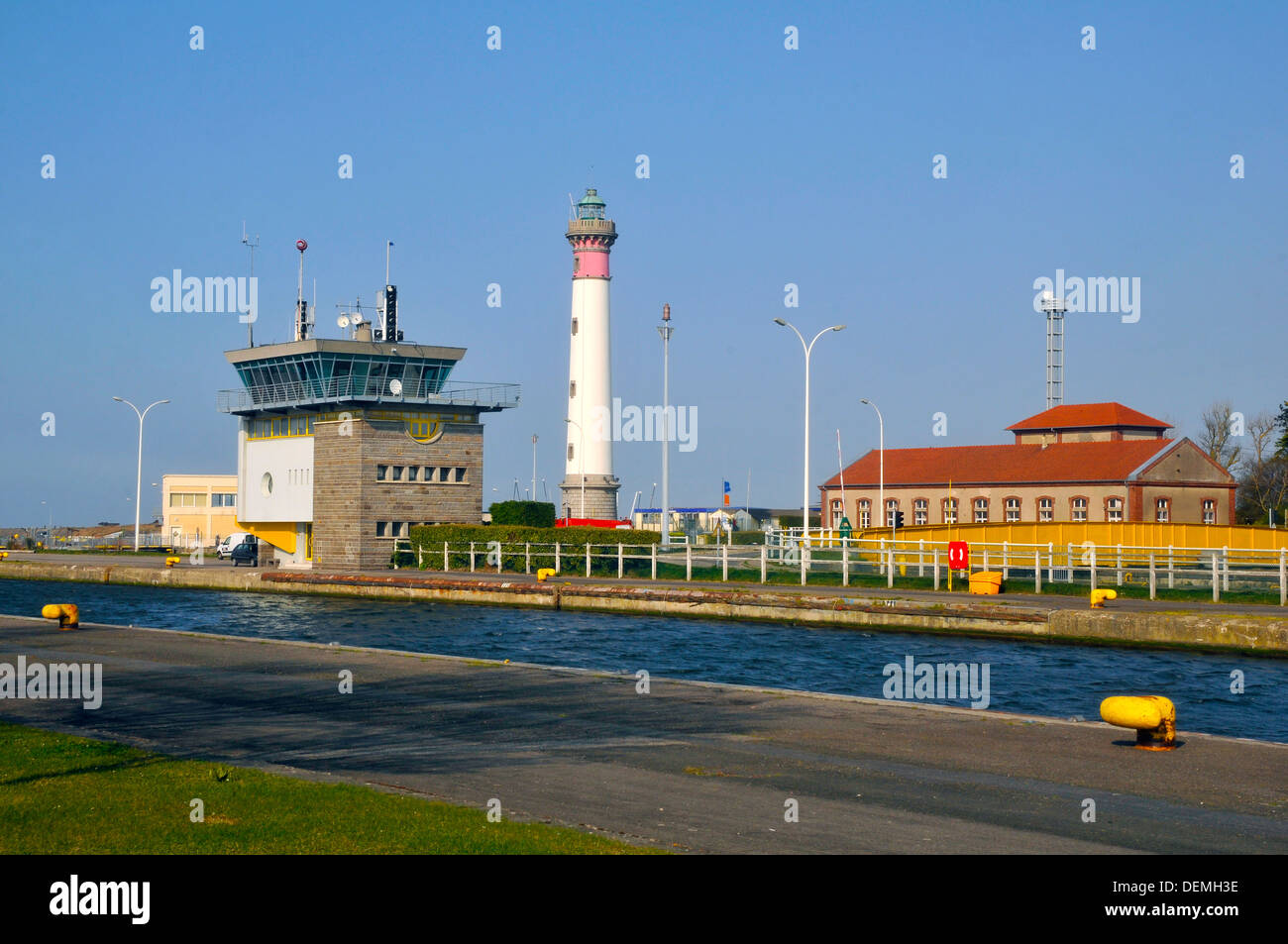 Lighthouse and buildings at Ouistreham in the Calvados department in the Basse-Normandie region in northwestern France. Stock Photo