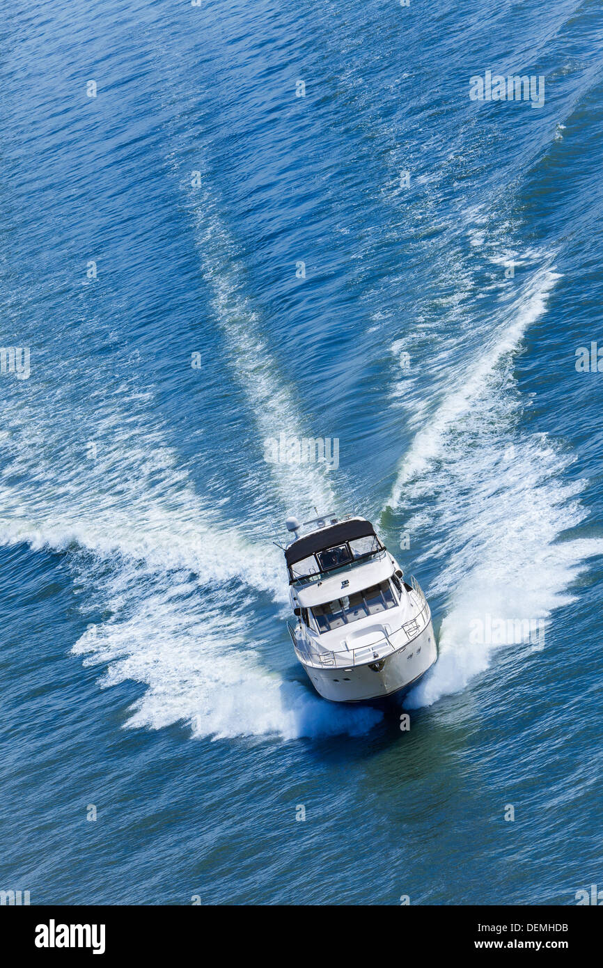 Aerial photograph of luxury power boat yacht speedboat on blue sea Stock Photo