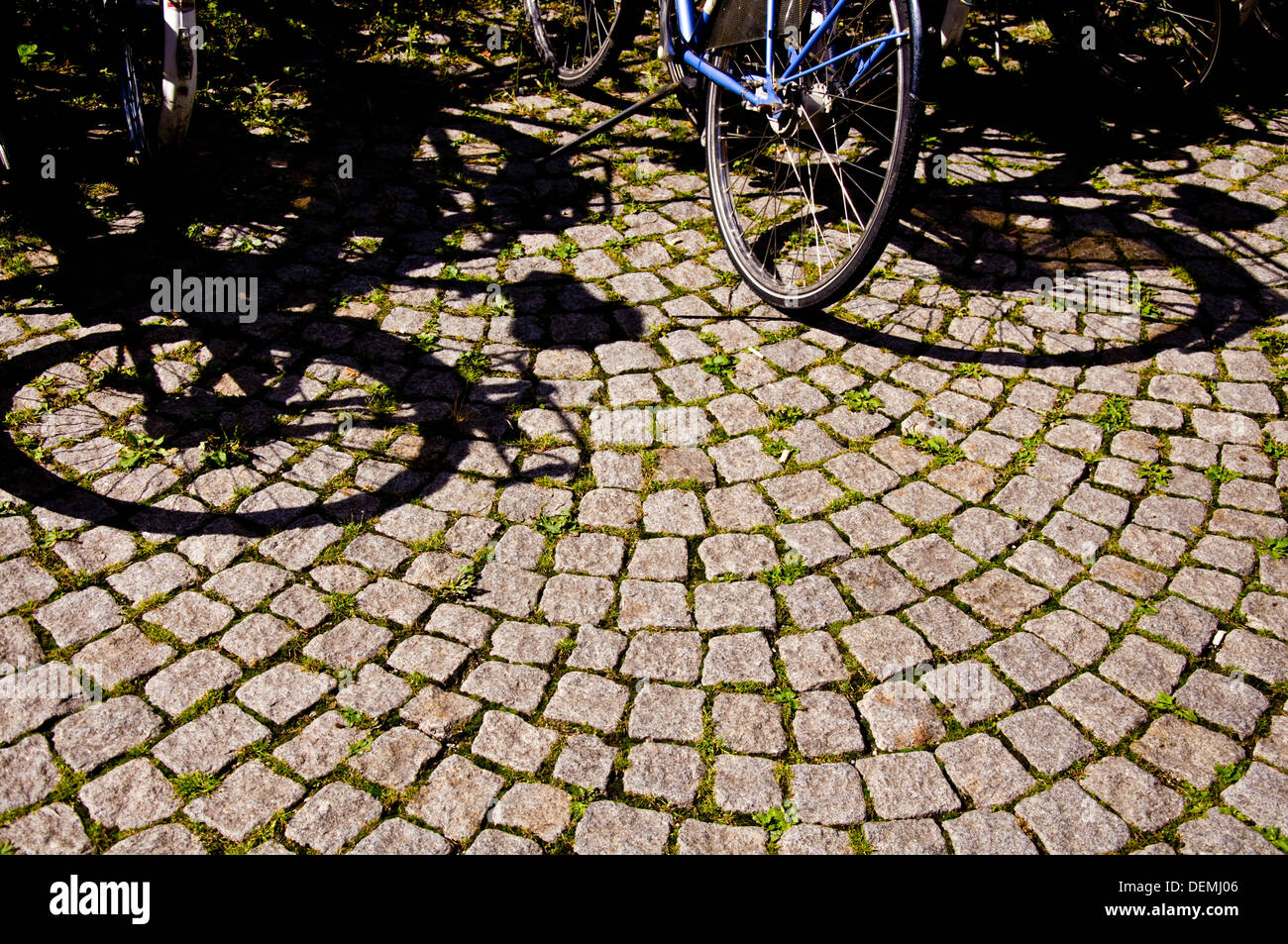 Shadow of bicycles on cobblestone street in Maastricht Netherlands Stock Photo