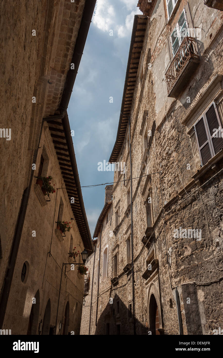 Upward view of old stone houses in a small Italian village Stock Photo ...