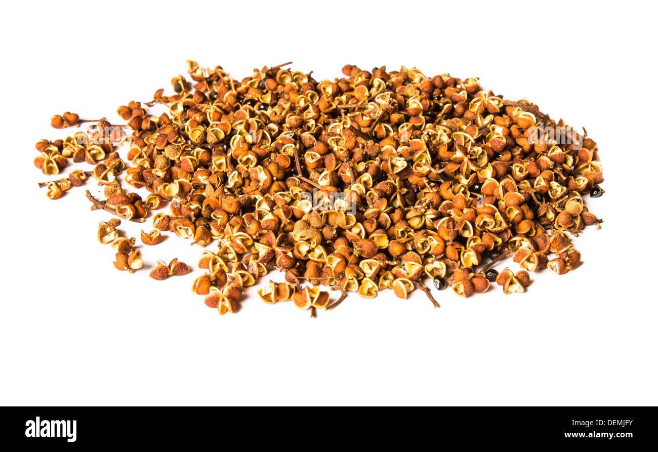 Sichuan pepper, Szechwan pepper or Szechuan pepper, a common spice used in Asian cuisine,on a white background Stock Photo