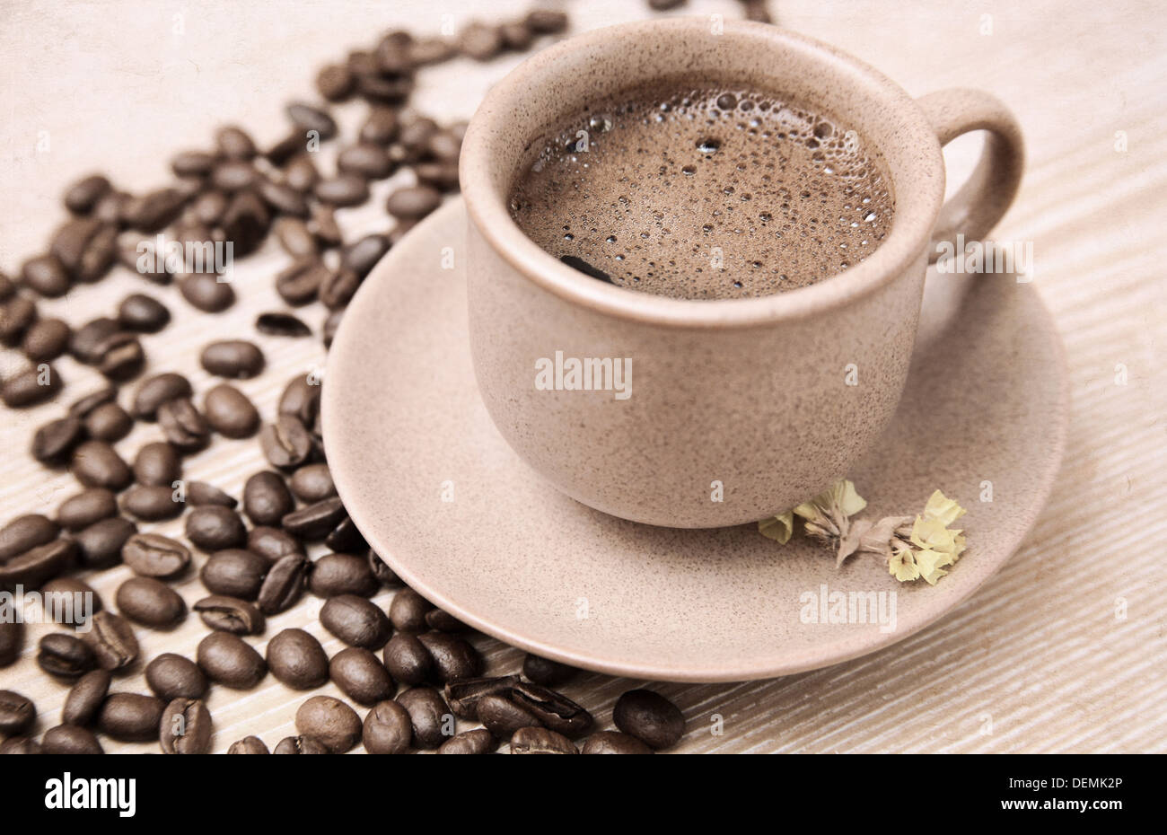 artwork in painting style, cup of coffee, coffee beans, yellow flowers Stock Photo