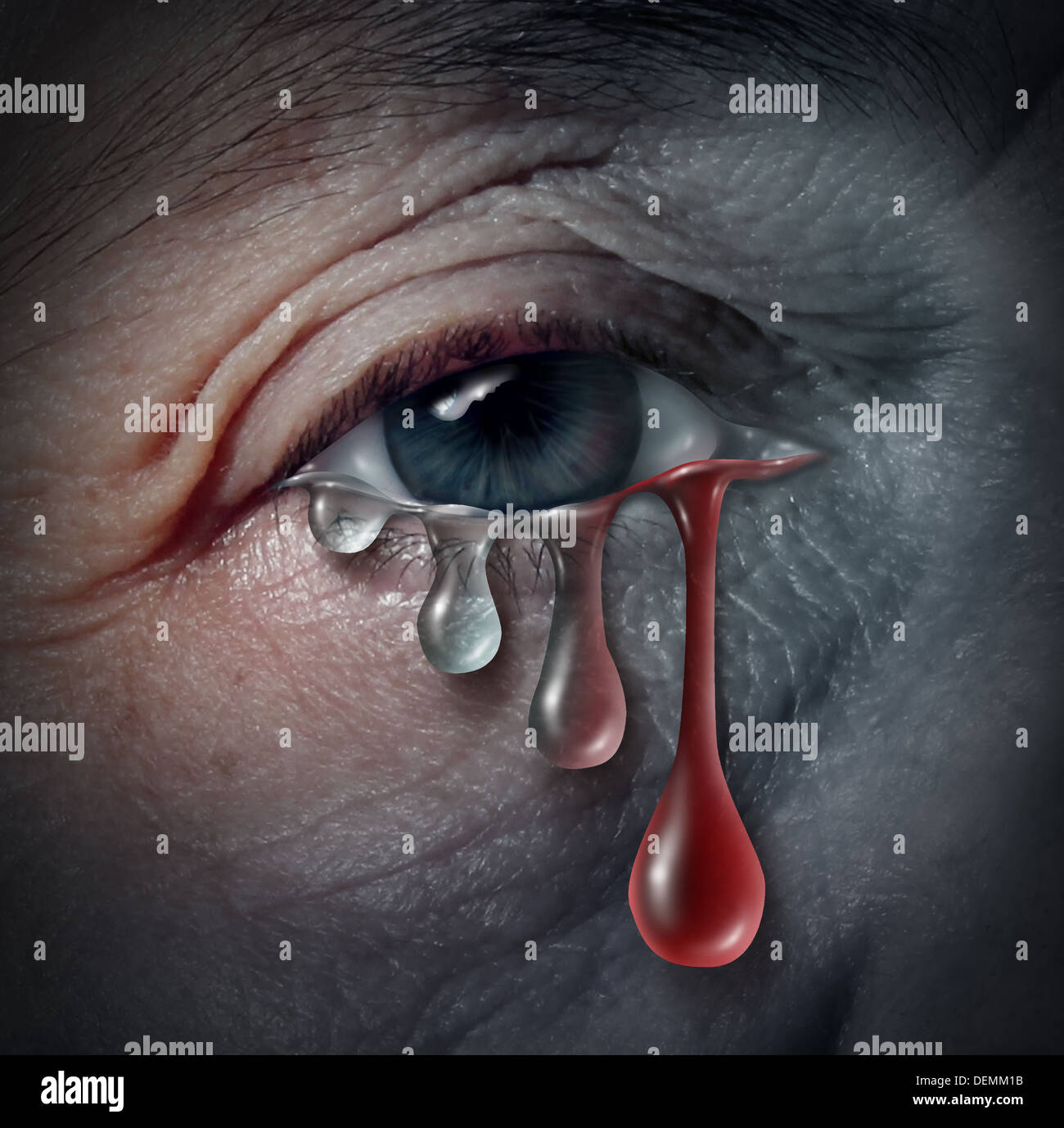 Increasing depression dangers as a mental health issue related to despair and emotional illness based on grief or chemical imbalance anxiety risk in a close up of a human eye crying a tear drop that gradualy transforms into blood. Stock Photo