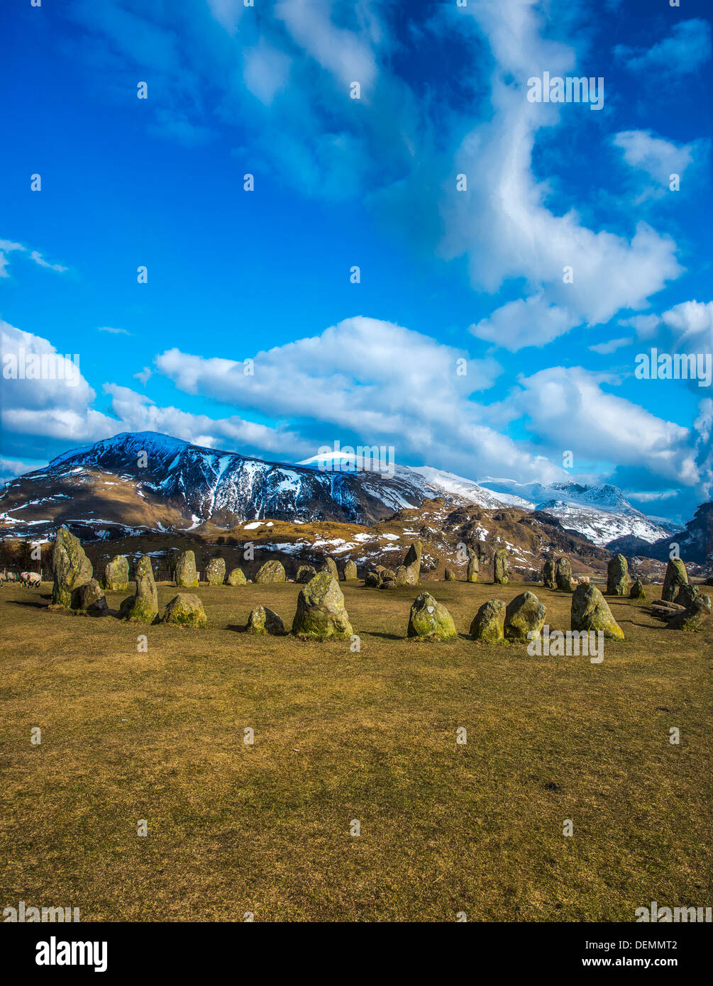 Castlerigg Stone Circle on a sunny day looking towards Helvellyn and High Rigg,Lake District, Cumbria, England, UK, Europe. Stock Photo