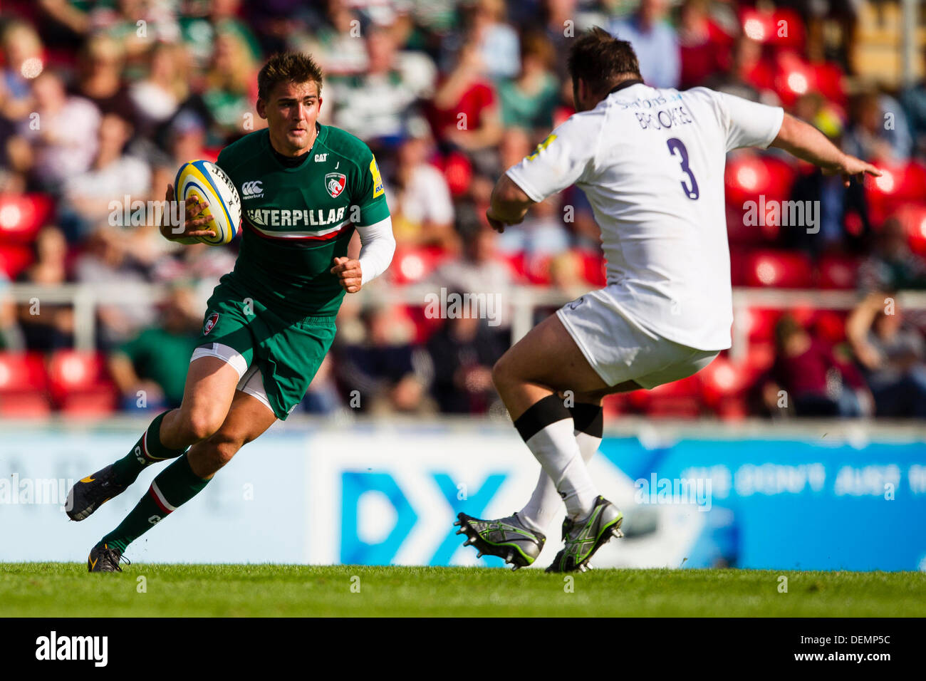 Leicester, UK. 21st Sep, 2013. Toby Floods runs with the ball during the Aviva Premiership Round 3 match between Leicester Tigers and Newcastle Falcons played at Welford Road, Leicester Credit:  Graham Wilson/Alamy Live News Stock Photo