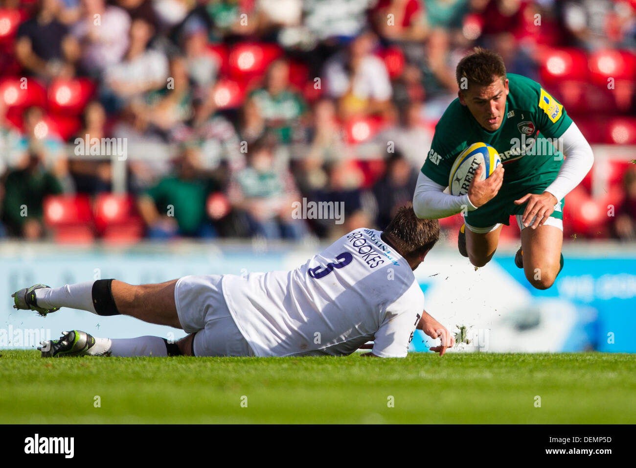 Leicester, UK. 21st Sep, 2013. Toby Flood is tackled. Action during the Aviva Premiership Round 3 match between Leicester Tigers and Newcastle Falcons played at Welford Road, Leicester Credit:  Graham Wilson/Alamy Live News Stock Photo