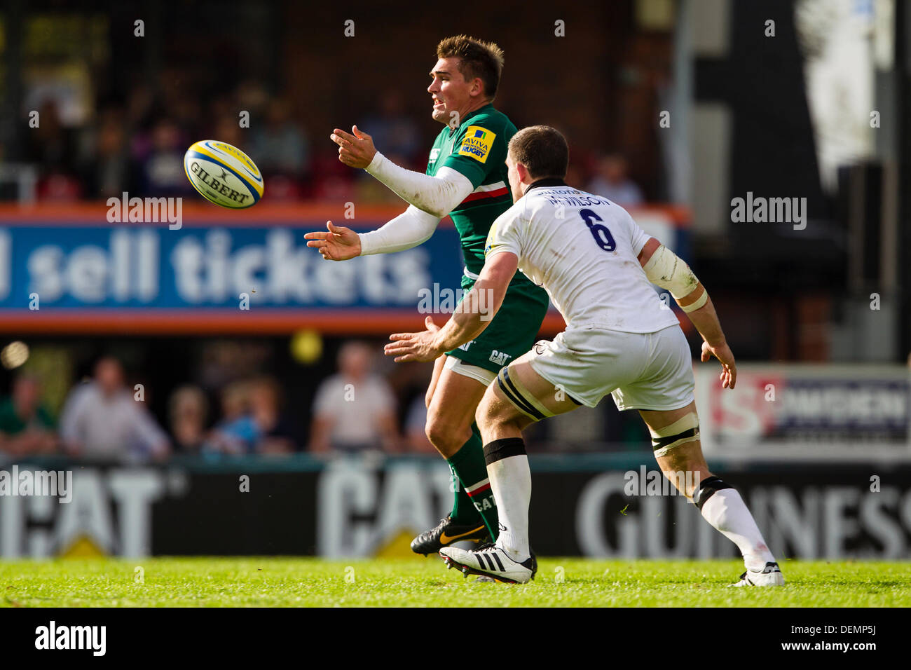 Leicester, UK. 21st Sep, 2013. Toby Flood passes the ball wide. Action during the Aviva Premiership Round 3 match between Leicester Tigers and Newcastle Falcons played at Welford Road, Leicester Credit:  Graham Wilson/Alamy Live News Stock Photo
