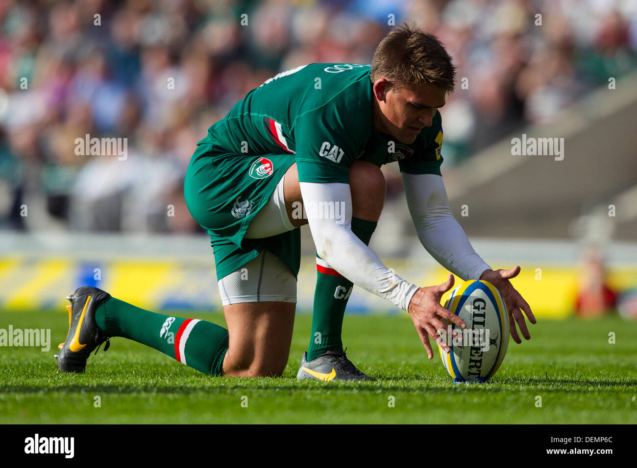 Leicester, UK. 21st Sep, 2013. Toby Flood places the ball before kicking a conversion. Action during the Aviva Premiership Round 3 match between Leicester Tigers and Newcastle Falcons played at Welford Road, Leicester Credit:  Graham Wilson/Alamy Live News Stock Photo