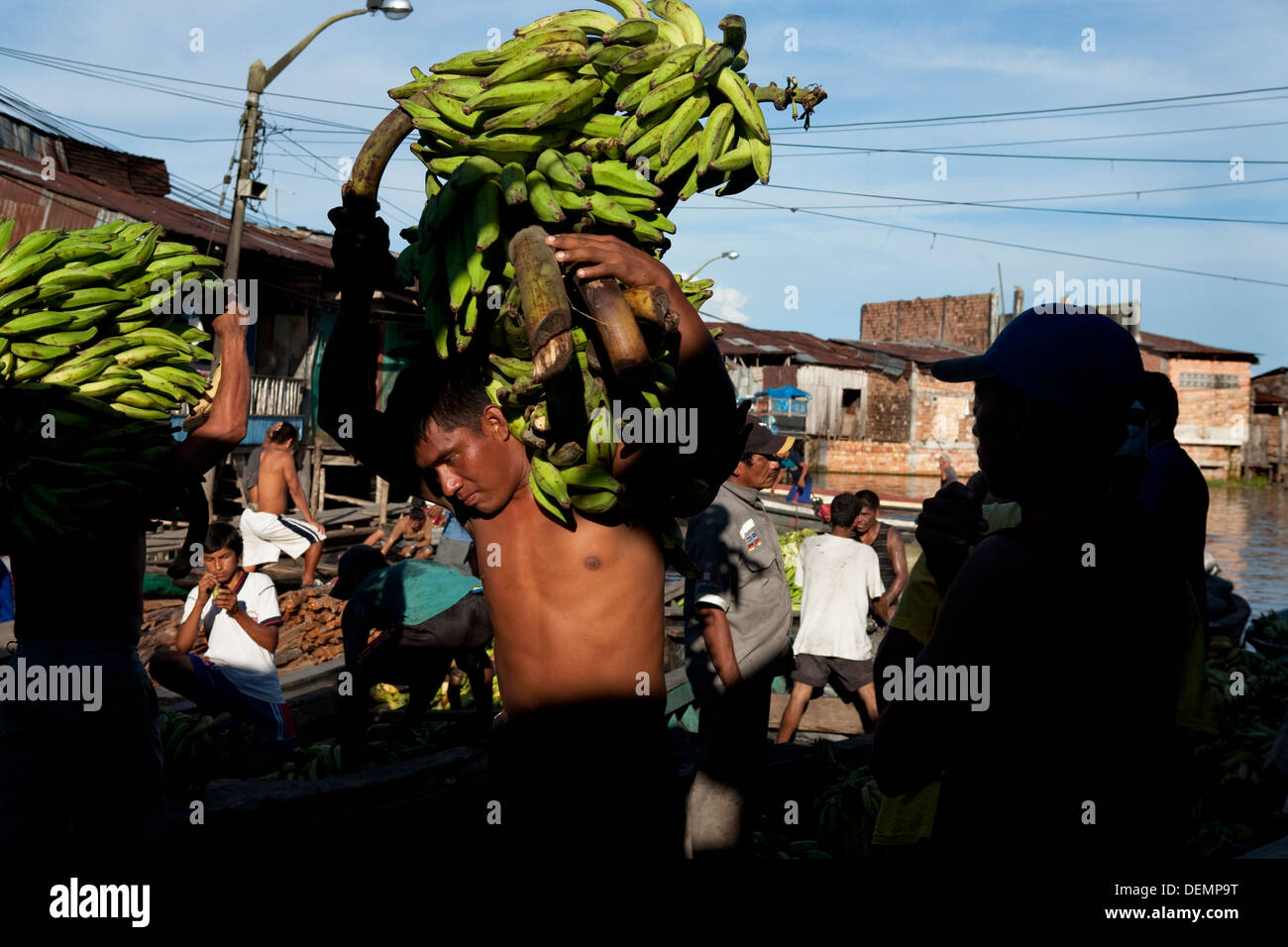 A man carrying bananas from the boat that brings across the river to the Belen market in Iquitos. Stock Photo