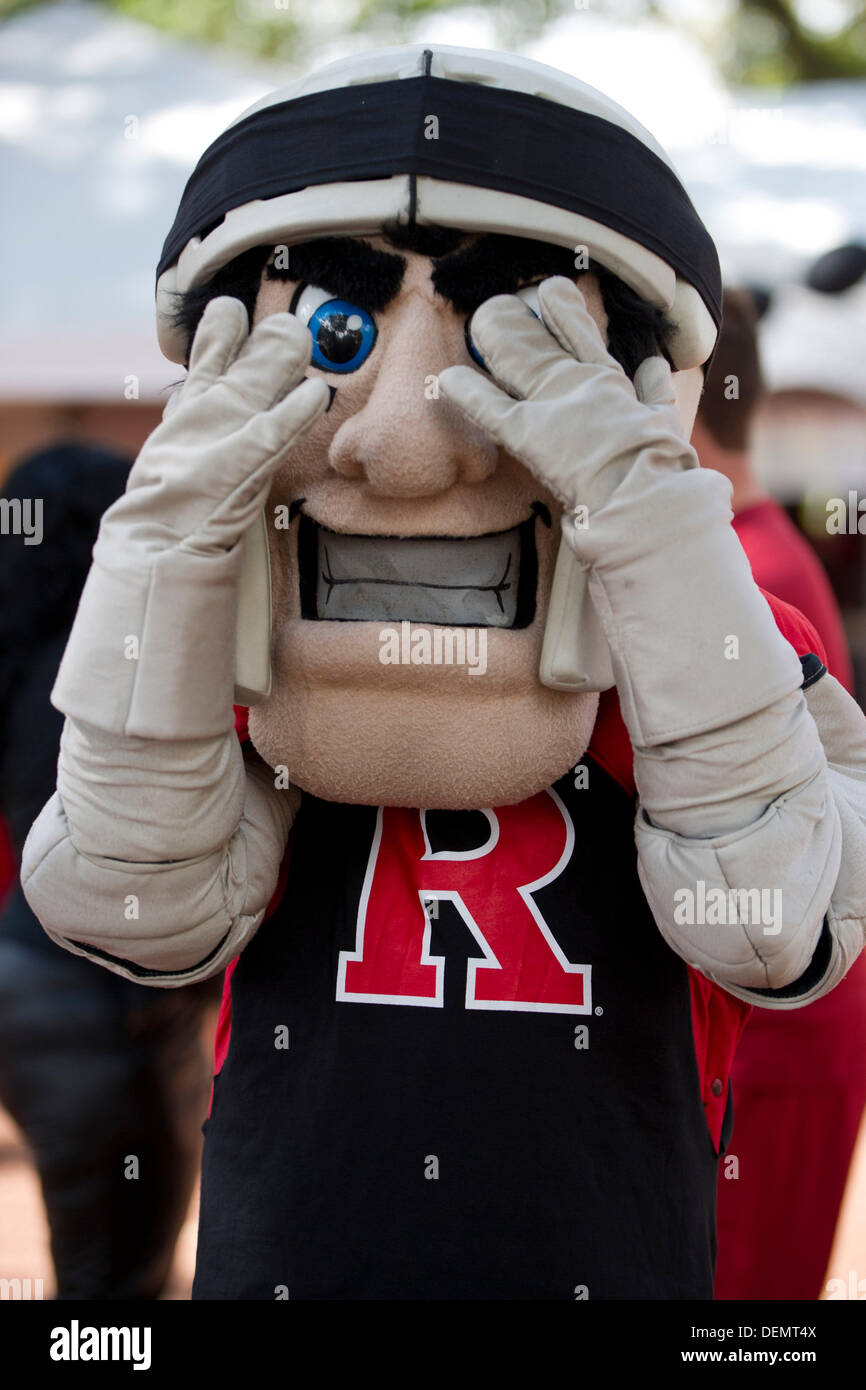 Sept. 21, 2013 - Piscataway, New Jersey, U.S - September 21, 2013: The Rutgers Scarlet Knights mascot covers his eyes during the game between Arkansas Razorbacks and Rutgers Scarlet Knights at Highpoint Solutions Stadium in Piscataway, NJ. Stock Photo