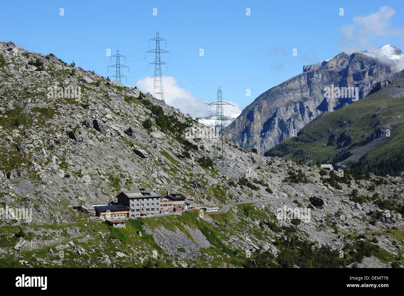 Hotel Schwarenbach and rugged mountain terrain on the Gemmi Pass, Switzerland, Europe Stock Photo