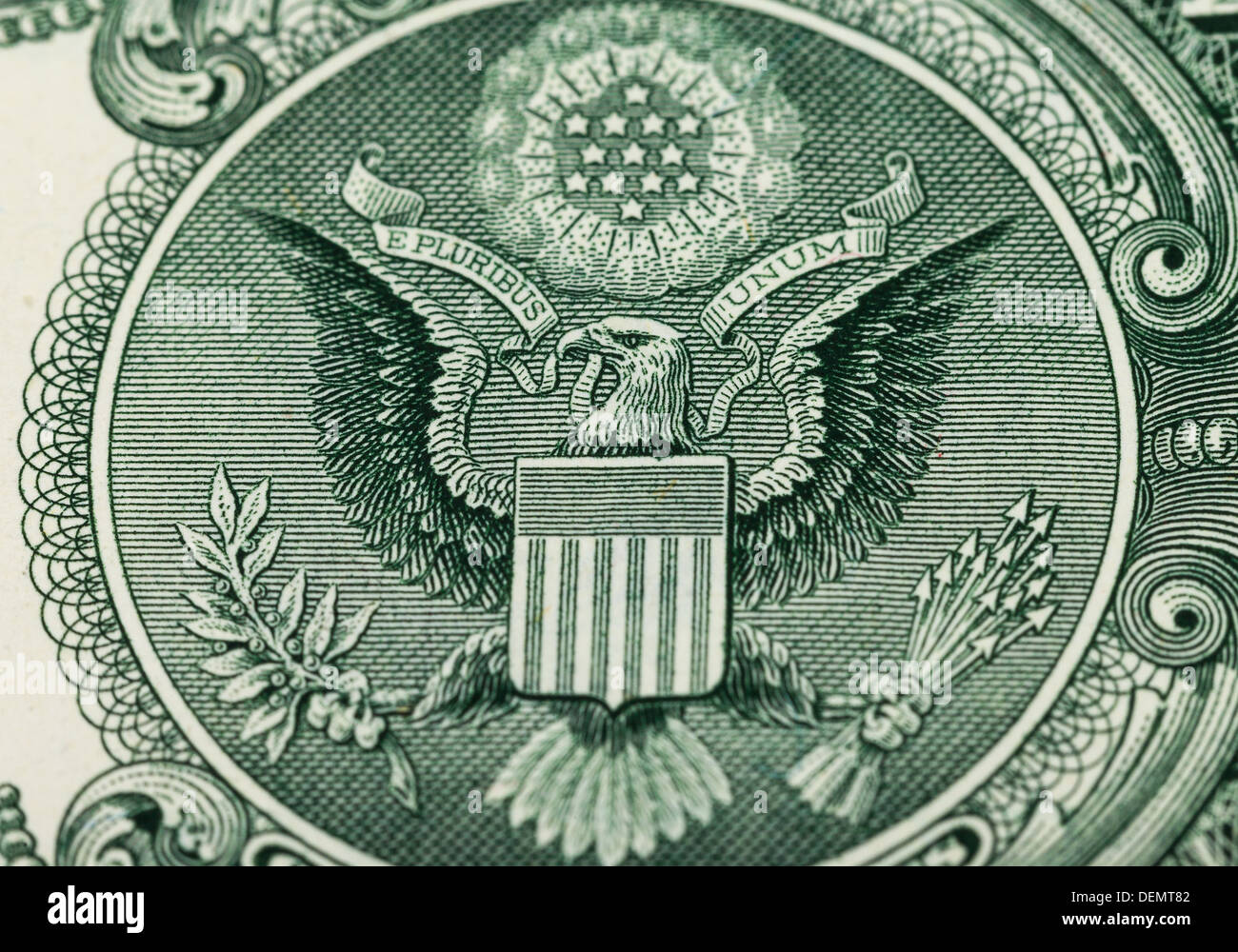 Great Seal of the United States on the reverse of a US Dollar Bill Stock Photo