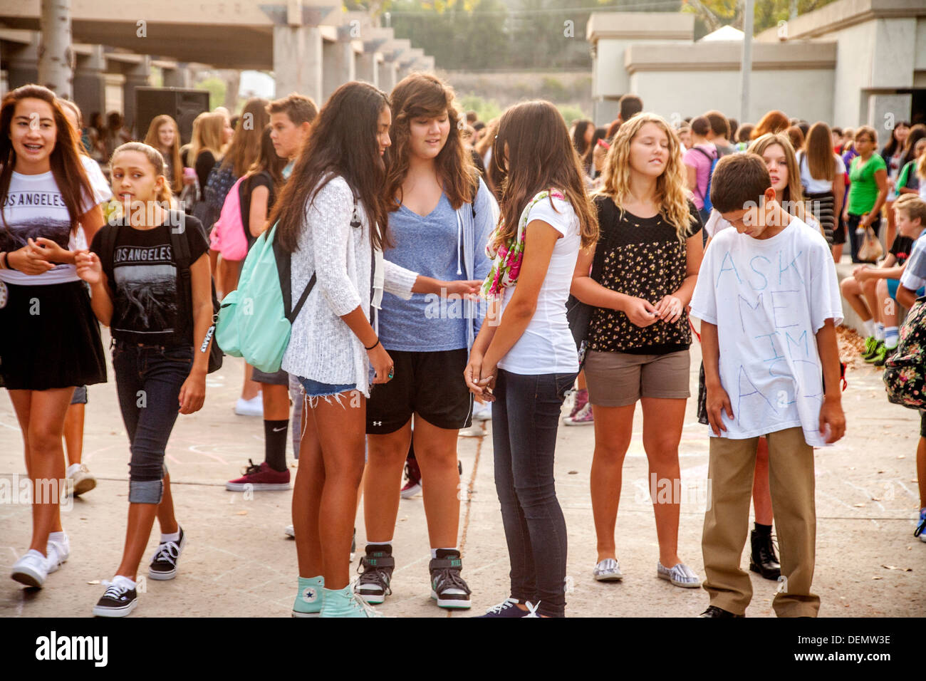 Multiethnic Middle School Girls Greet Each Other On The First Day Of School In Aliso Viejo Ca Stock Photo Alamy