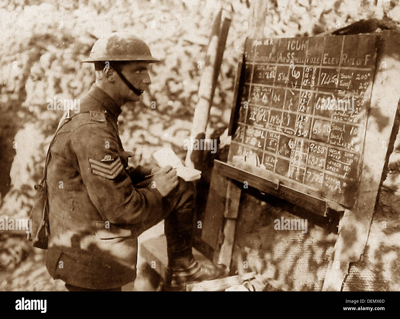 British Sergeant Artillery planning in a trench during WW1 Stock Photo