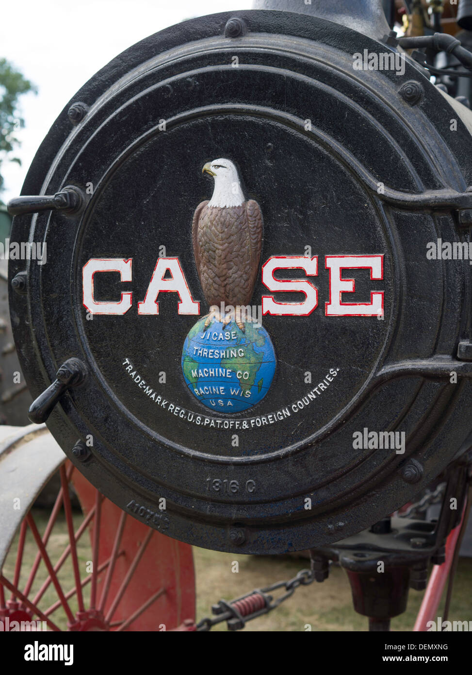 Front view of the J.I. Case eagle on an antique steam tractor; Rock
