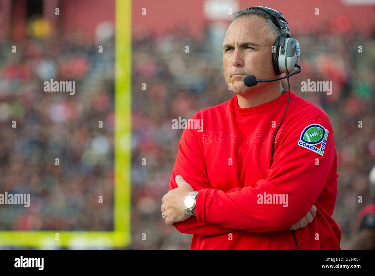 Piscataway, New Jersey, USA. 21st Sep, 2013. September 21, 2013: Rutgers Scarlet Knights head coach Kyle Flood looks on during the game between Arkansas Razorbacks and Rutgers Scarlet Knights at Highpoint Solutions Stadium in Piscataway, NJ. Credit:  csm/Alamy Live News Stock Photo