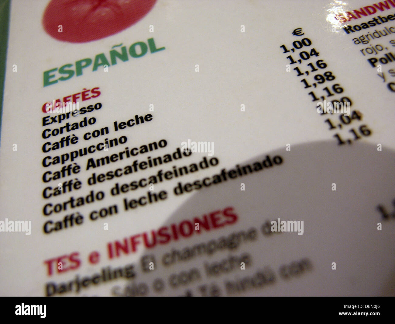 Cofee menu (in Spanish Stock Photo Alamy