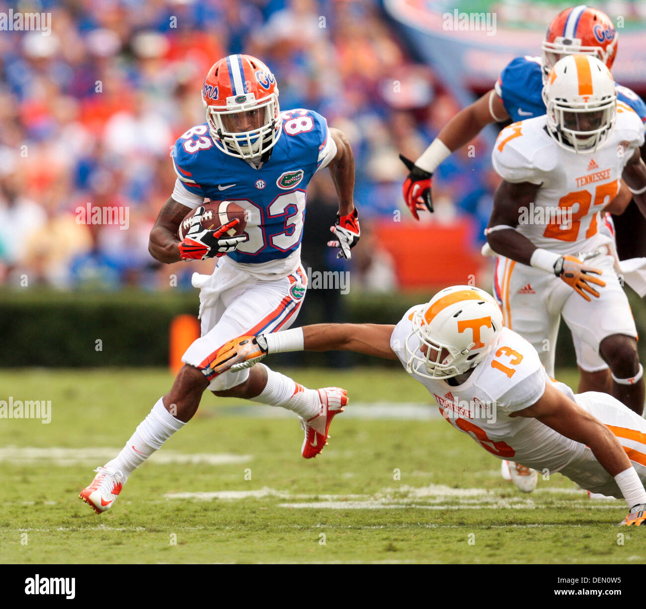 Gainesville, Florida, USA. 21st Sep, 2013. WILL VRAGOVIC | Times.Florida Gators wide receiver Solomon Patton (83) finds running room for a second quarter touchdown during the Florida Gators against the Tennessee Volunteers at Ben Hill Griffin Stadium in Gainesville, Fla. on Saturday, Sept. 21, 2013. Credit:  Will Vragovic/Tampa Bay Times/ZUMAPRESS.com/Alamy Live News Stock Photo