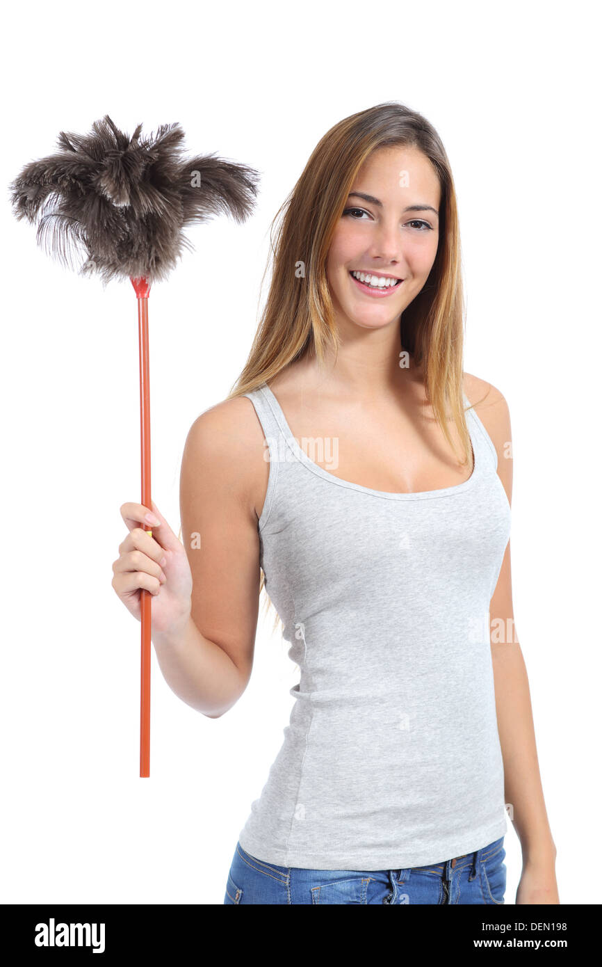 Beautiful woman holding a duster clean isolated on a white background Stock Photo