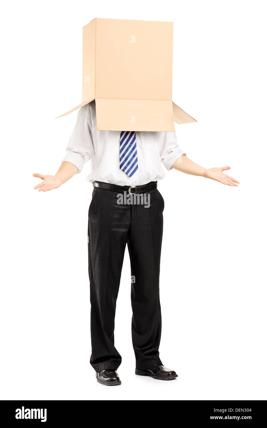 Full length portrait of a man standing and gesturing with a cardboard ...