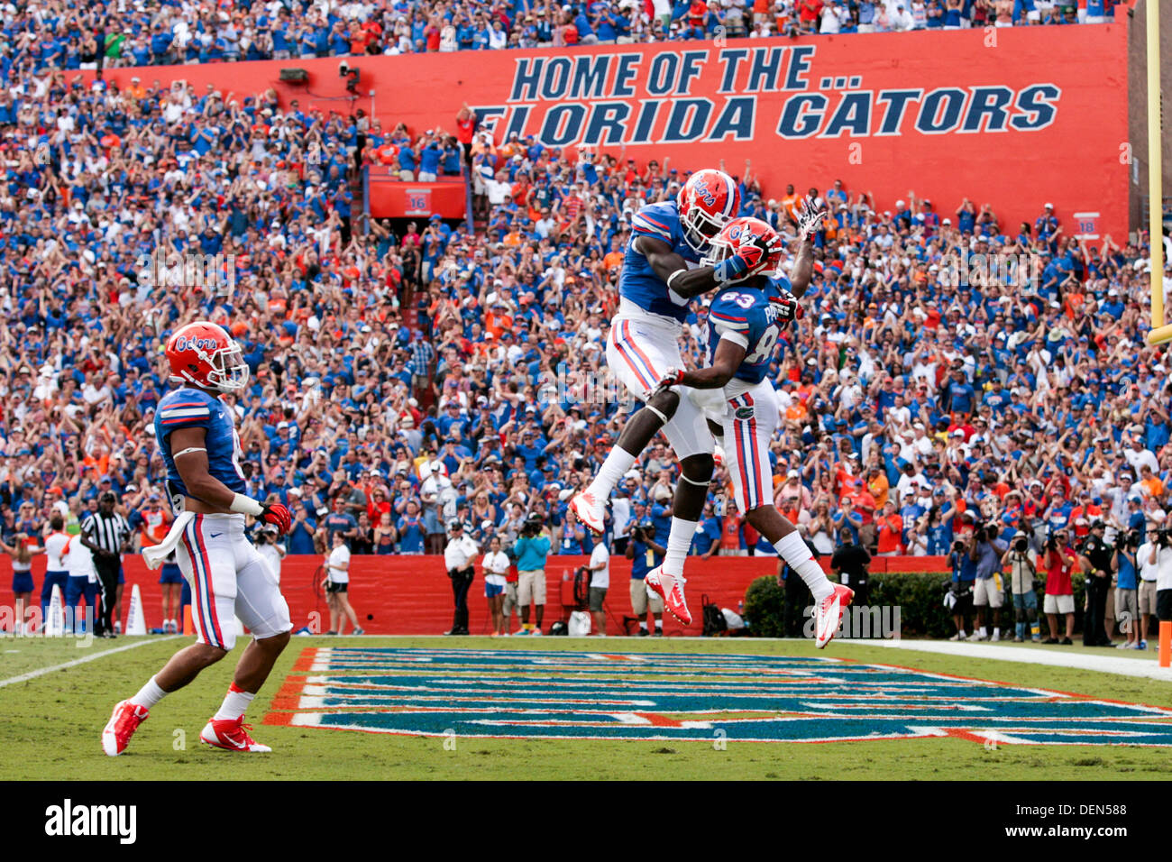 Sept. 21, 2013 - Gainesville, Florida, U.S. - Florida Gators wide receiver AHMAD FULWOOD (5) celebrates with Florida Gators wide receiver SOLOMON PATTON (83) after Patton's second quarter touchdown during the Florida Gators against the Tennessee Volunteers at Ben Hill Griffin Stadium. (Credit Image: © Will Vragovic/Tampa Bay Times/ZUMAPRESS.com) Stock Photo