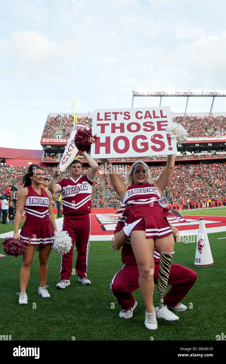 Piscataway, New Jersey, USA. 21st Sep, 2013. September 21, 2013: The Arkansas Razorbacks cheerleaders perform and feature a young lady who is an amputee during the game between Arkansas Razorbacks and Rutgers Scarlet Knights at Highpoint Solutions Stadium in Piscataway, NJ. Rutgers Scarlet Knights defeated The Arkansas Razorbacks 28-24. Credit:  csm/Alamy Live News Stock Photo