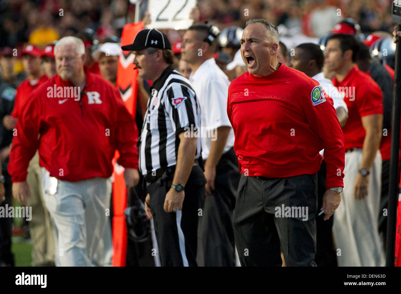 Piscataway, New Jersey, USA. 21st Sep, 2013. September 21, 2013: Rutgers Scarlet Knights head coach Kyle Flood is fired up during the game between Arkansas Razorbacks and Rutgers Scarlet Knights at Highpoint Solutions Stadium in Piscataway, NJ. Rutgers Scarlet Knights defeated The Arkansas Razorbacks 28-24. Credit:  csm/Alamy Live News Stock Photo