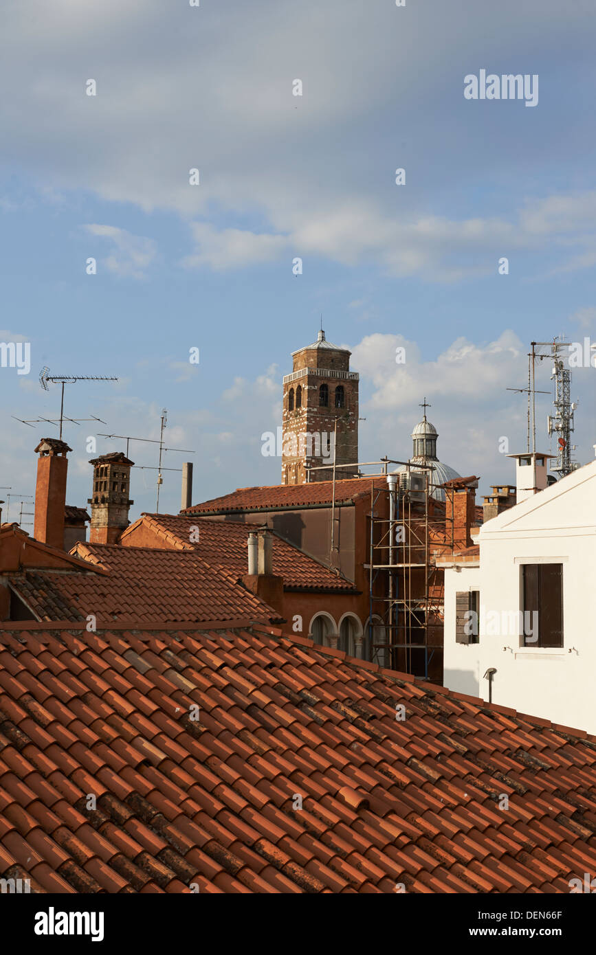 Roof tops in Venice with TV antenna and seagull Stock Photo