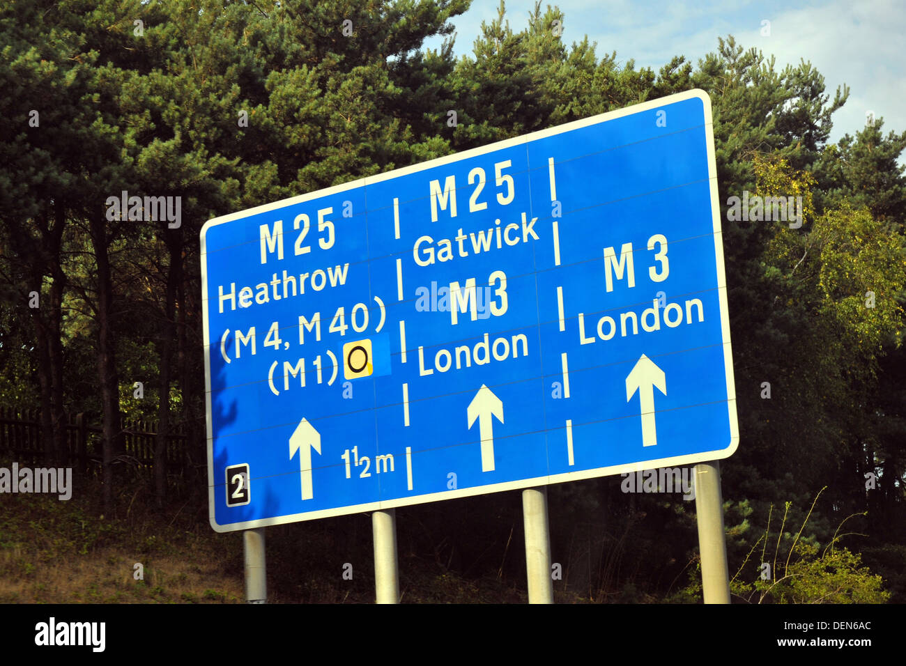 A British road sign directing motorway traffic to London or Gatwick and ...