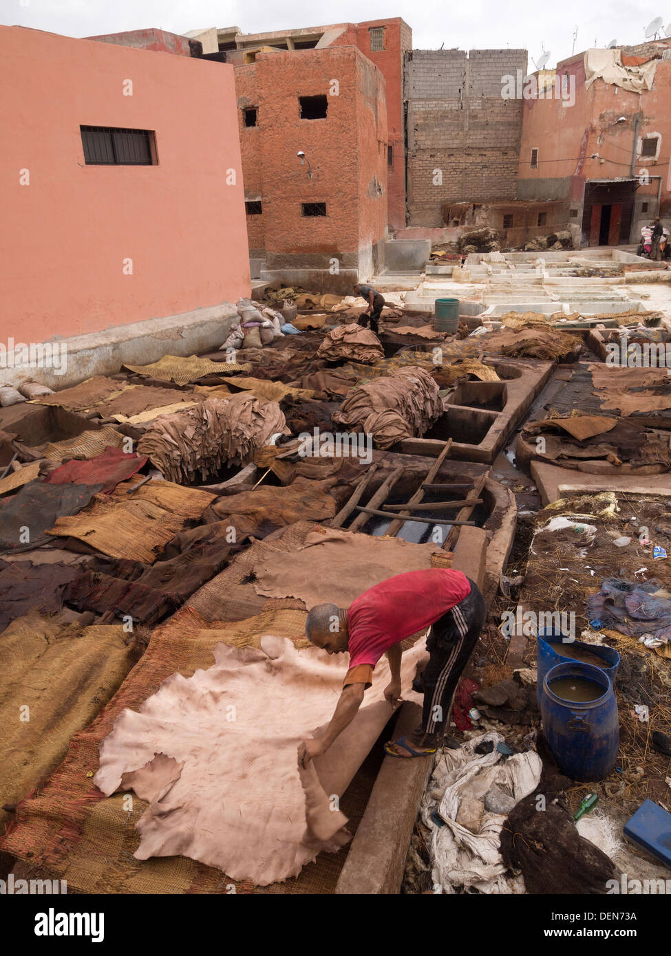 Man working in leather tannery in Marrakech, Morocco Stock Photo