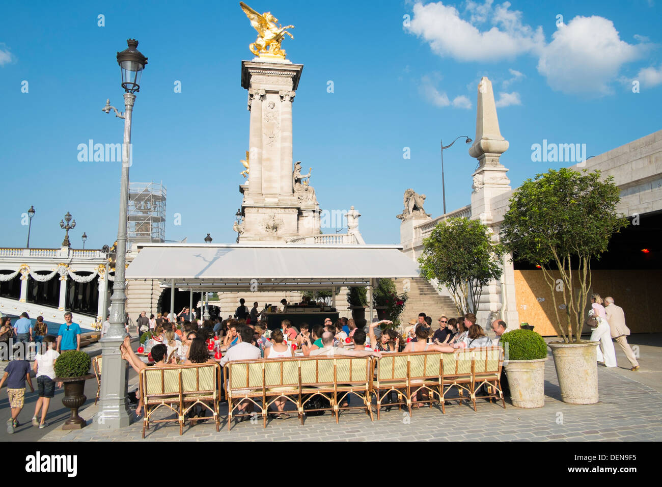 People eating at one of the new restaurants at Les Berges, along the Seine, Paris, France Stock Photo