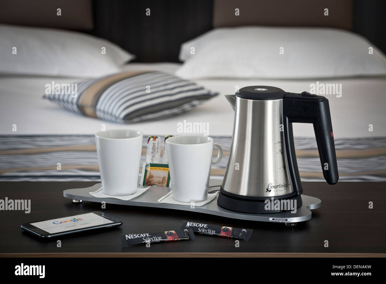 A courtesy tray in a hotel room (France). Tea and coffee making