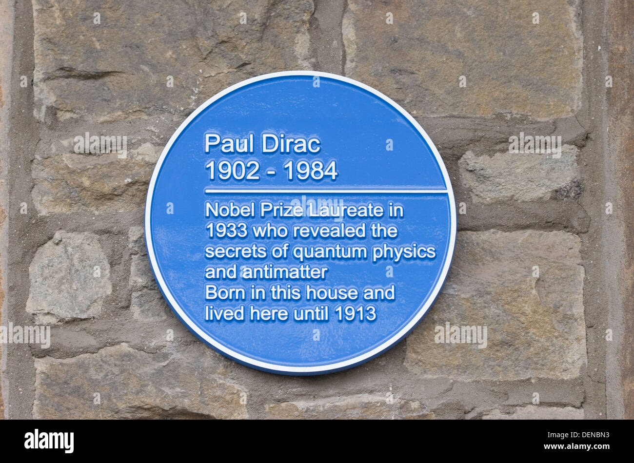 New blue plaque for Paul Dirac (1902-1984), physicist, at 15 Monk Road, Bishopston, Bristol, BS7 8LE, England. Stock Photo