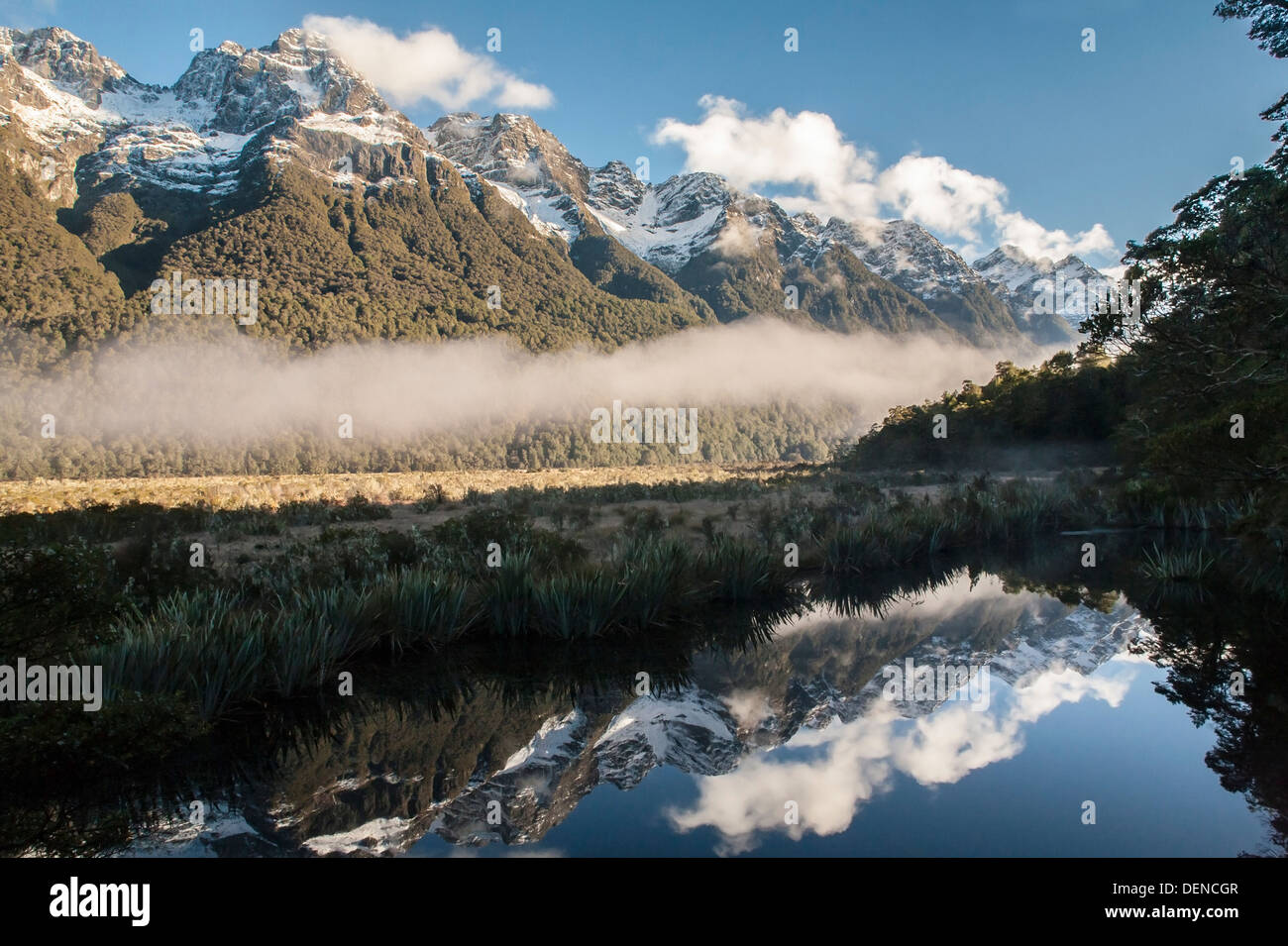 New Zealand Mirror lake Milford Sound in the South island mountains. Stock Photo