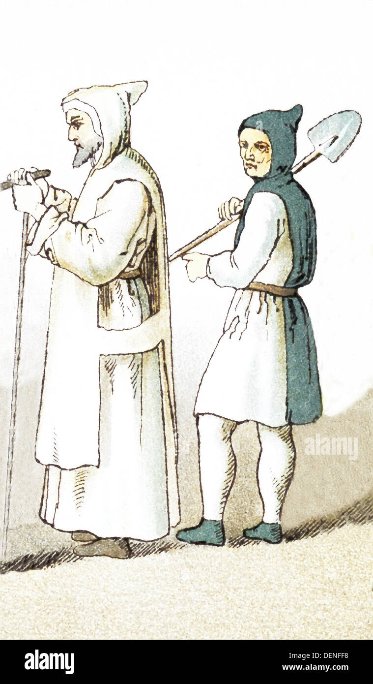 The figures represent two French clergy members around A.D. 1200: a Carthusian friar and a minister of order 'de la Trappe.' Stock Photo